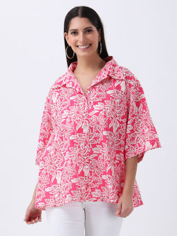 Qurvii - Cotton Printed Oversized Pink Shirt