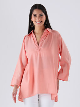Qurvii - Peach Rayon Half Placket with Printed Pleat In Back Top