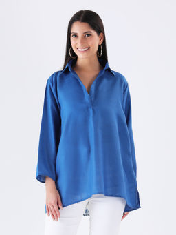 Qurvii - Heather Blue Half Placket with Printed Pleat In Back Top