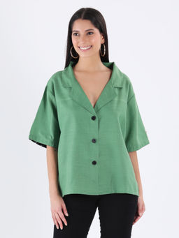 Qurvii - Green Cotton Slub Collar Shirt