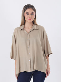 Qurvii - Rayon Oversized Beige with Printed Printed In Back Shirt