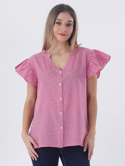 Qurvii - Pink Gingham Pink with Short Frill Sleeve Shirt