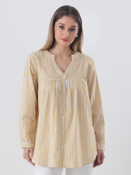 Qurvii - Cotton Stripe Yolk Yellow with Mandarin Collar Shirt