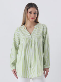 Qurvii - Cotton Stripe Yolk Green with Mandarin Collar Shirt