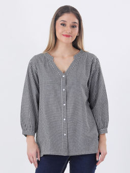 Qurvii - Cotton Gingham Black with Mandarin Collar Shirt