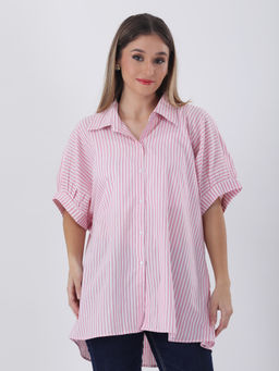 Qurvii - Pink Stripe Cotton Drop Shoulder Oversized Shirt