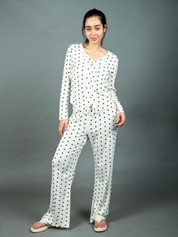 Odette - Ivory Cotton Rib Polka Dots Nightsuit for Women