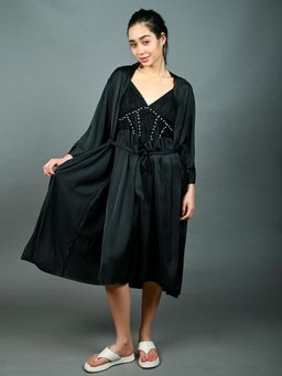 Odette - Black Satin Solid with Bead Work Nightdress with Robe for Women