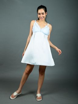 Odette - Sky Blue Satin Solid with Lace Work Nightdress for Women