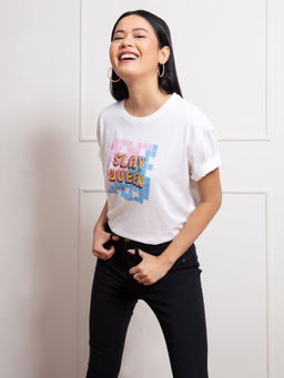 Twenty Dresses by Nykaa Fashion - White Sequin Graphic Print Round Neck Oversized Pride T Shirt