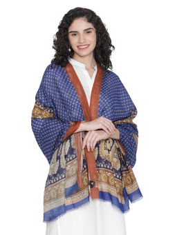 Shingora - Pure Wool Blue Printed Fringed Shawl
