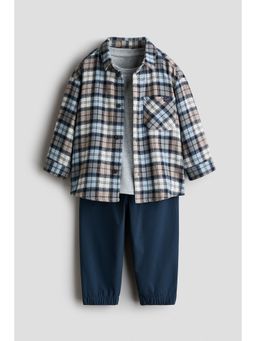 H&M - Boys Blue 3-Piece Cotton Shirt with T-Shirt and Joggers