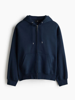 H&M - Men Navy Blue Oversized Fit Zip-Through Hooded Jacket