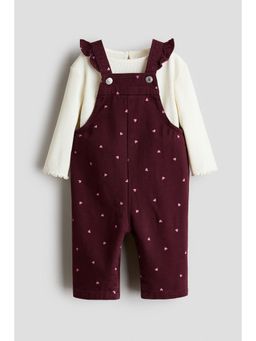 H&M - Girls Maroon 2-Piece Cotton Top and Dungaree