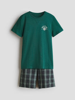 H&M - Boys Green Print-Motif Cotton T-Shirt and Shorts