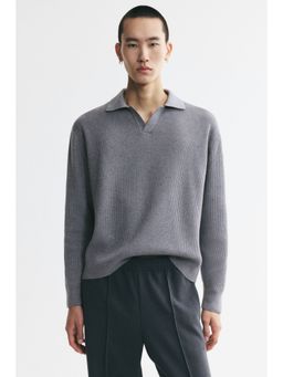 H&M - Men Grey Relaxed Fit Knitted Polo T-Shirt