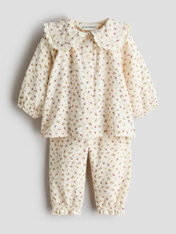 H&M - Girls White 2-Piece Patterned Cotton Blouse and Trouser
