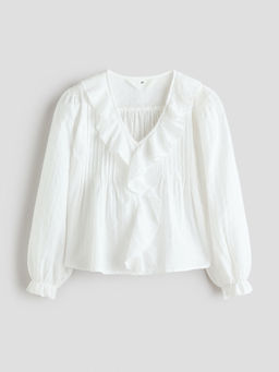 H&M - Girls White Flounce-Trimmed Plumeti Top