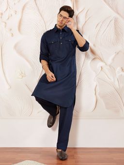 Vastramay - Navy Blue Cotton Pathani Kurta With Pyjama (Set of 2)