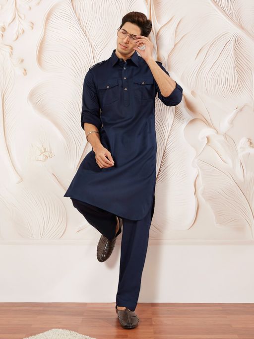 Vastramay Navy Blue Cotton Pathani Kurta With Pyjama (Set of 2)
