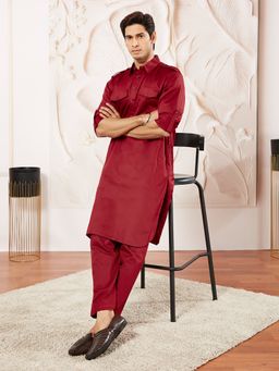 Vastramay - Maroon Cotton Pathani Kurta With Pyjama (Set of 2)