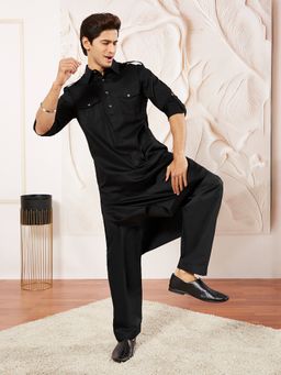 Vastramay - Men Black Cotton Blend Pattani Kurta (set Of 2)