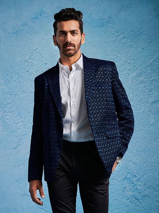 Vastramay Mens Blue Velvet Embroidered Blazer