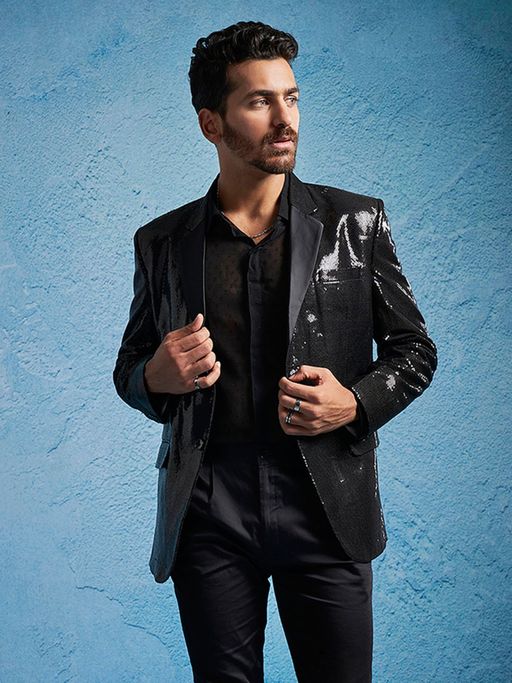 Vastramay Mens Black Embellished/Sequined Viscose Blazer