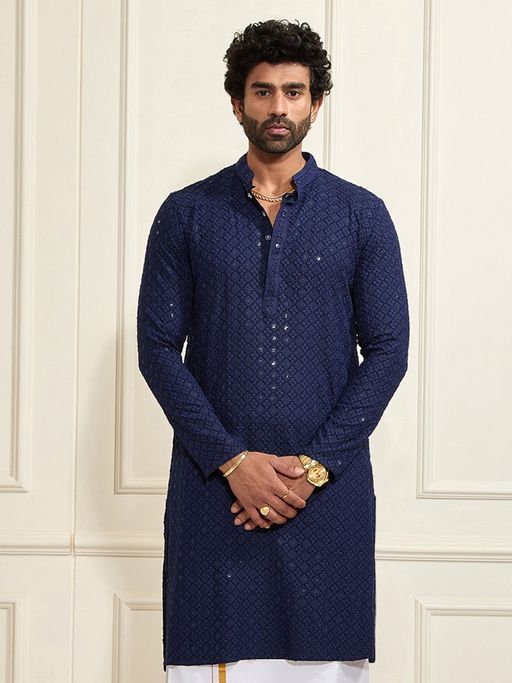 Vastramay Mens Navy Blue Rayon Cotton Kurta