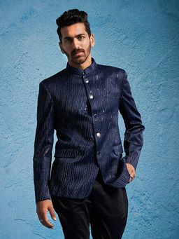 Vastramay - Men's Navy Blue Silk Blend Jodhpuri