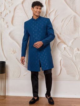Vastramay - Mens Blue Silk Blend Woven Sherwani with Pant (Set of 2)