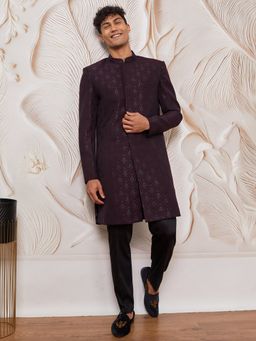 Vastramay - Mens Wine Silk Blend Woven Sherwani with Pant (Set of 2)