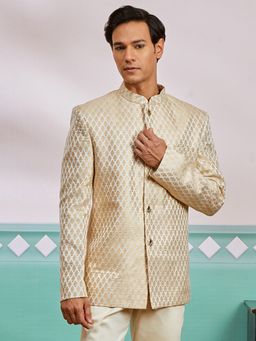 Vastramay - Mens Gold Silk Blend Jacquard Self Design Bandhgala Jodhpuri