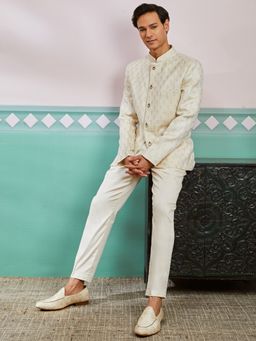 Vastramay - Mens Silk Blend Self Design Bandhgala Jodhpuri with Pant - Off White (Set of 2)