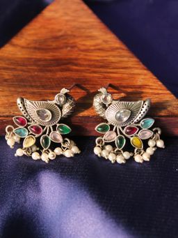 Spring Soul - Silva Sutra Peacock Gem And Pearl Drop And Dangle Earrings