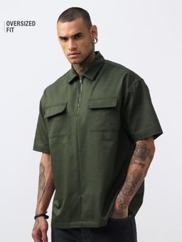 The Souled Store - Zipper Shirt: Muted Olive Men Oversized Shirt