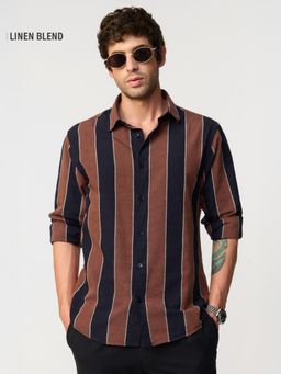 The Souled Store - Cotton Linen Stripes: Nutmeg Men Cotton Linen Shirts