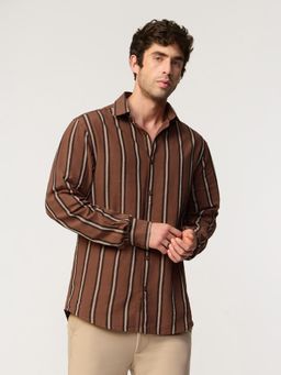 The Souled Store - Cotton Linen Stripes: Chestnut Men Cotton Linen Shirts