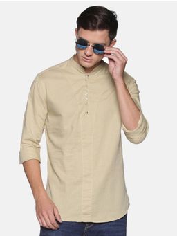 SHOWOFFFF - Men's Beige Mandarin Collar Slim Fit Shirt