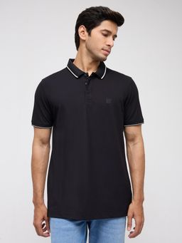 Spykar - Men Black Solid Regular Fit Polo T-Shirt