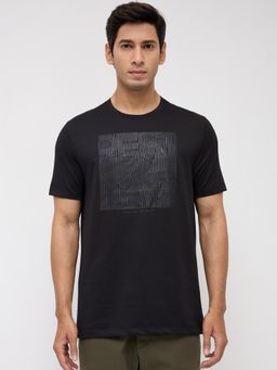 Spykar - Men Black Textured Regular Fit T-Shirt