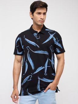 Spykar - Men Black Printed Regular Fit Polo T-Shirt