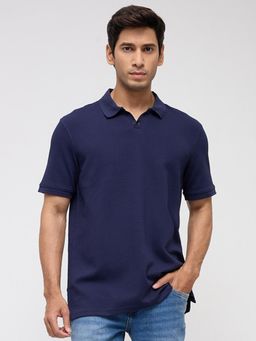 Spykar - Men Navy Blue Textured Regular Fit Polo T-Shirt