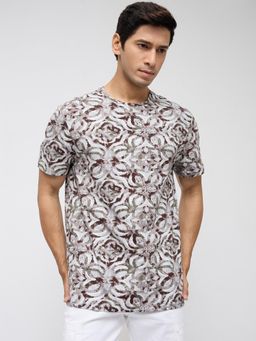 Spykar - Men White/Brown Printed Regular Fit T-Shirt
