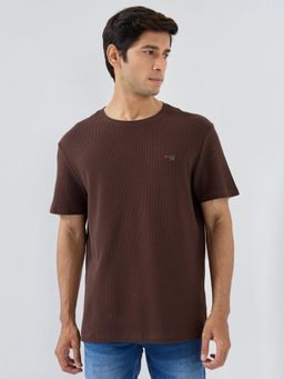 Spykar - Men Brown Textured Regular Fit T-Shirt