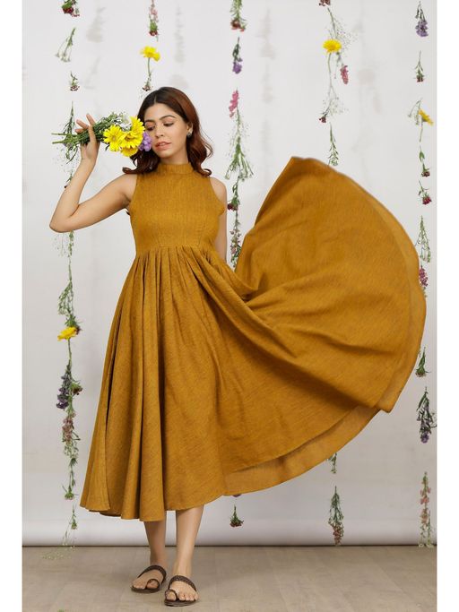 Flared Dress Khadi Dress For Women Buy Tjori Yellow Khadi Cotton Flared  Halter Neck Sleeveless Midi