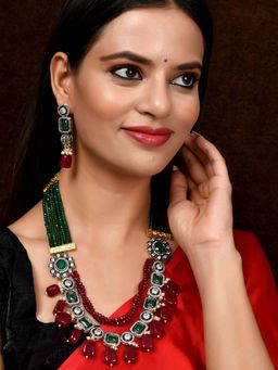 Silvermerc Designs - Gold Plated Red & Green Artificial Stones Studded Jewellery (Set of 2)