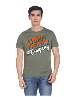 U.S. Polo Assn. Denim Co. - Men Olive Crew Neck Brand Print Pure Cotton T-Shirt
