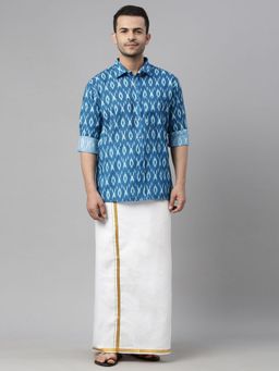 Vastramay - Mens Turquoise Cotton Blend Ethnic Shirt with Mundu (Set of 2)