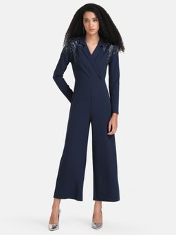 Kazo - Blue Lapel Collar Embellished Jumpsuit